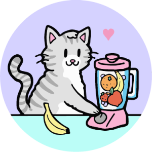 A happy cartoon cat prepares a fruit smoothie in a blender.